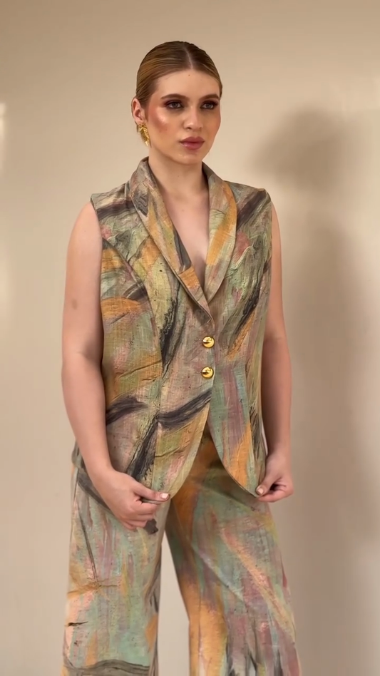 Abstract Print Sleeveless Blazer & Wide - Leg Pants Set