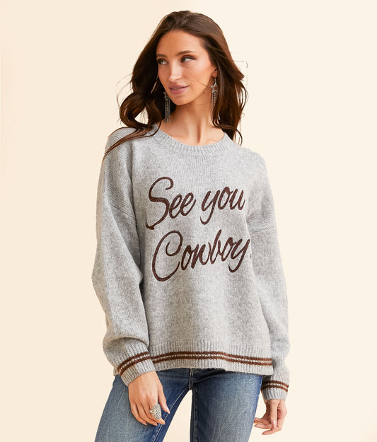 "See You, Cowboy" Graphic Gray Sweater